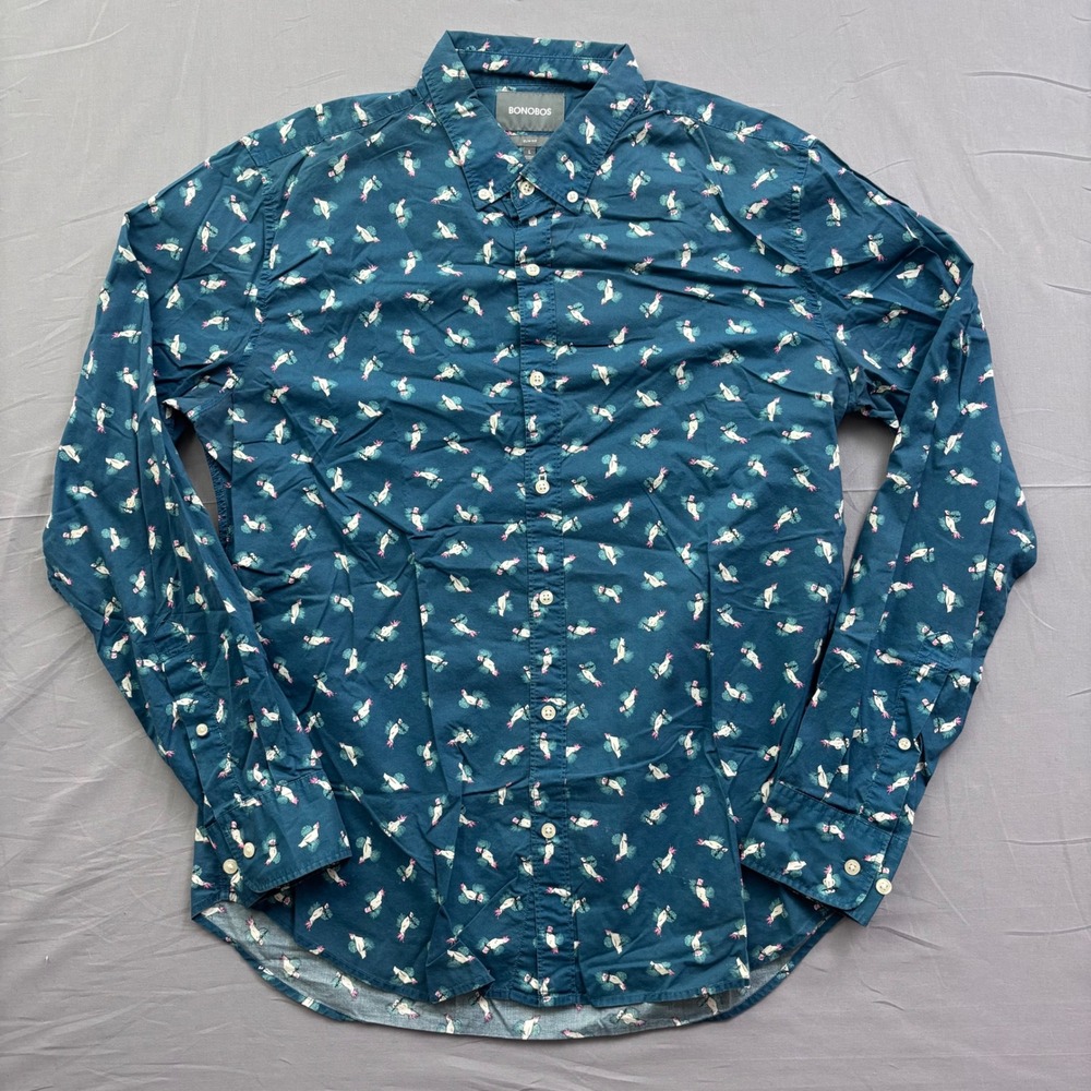 Bonobos Saturday Slim Fit Shirt Mens Large Teal Blue Cockatoo Bird Print Cotton